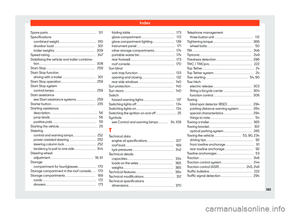 Seat Alhambra 2019 Owners Manual Index
Spare parts . . . . . . . . . . . . . . . . . . . . . . . . . . . . . . . . \
. . 311
Specifications combined w eight . . . . . . . . . . . . . . . . . . . . . . . . . .
310
dr
awbar load . . . Seat Alhambra 2019 Owners Manual Index
Spare parts . . . . . . . . . . . . . . . . . . . . . . . . . . . . . . . . \
. . 311
Specifications combined w eight . . . . . . . . . . . . . . . . . . . . . . . . . .
310
dr
awbar load . . .