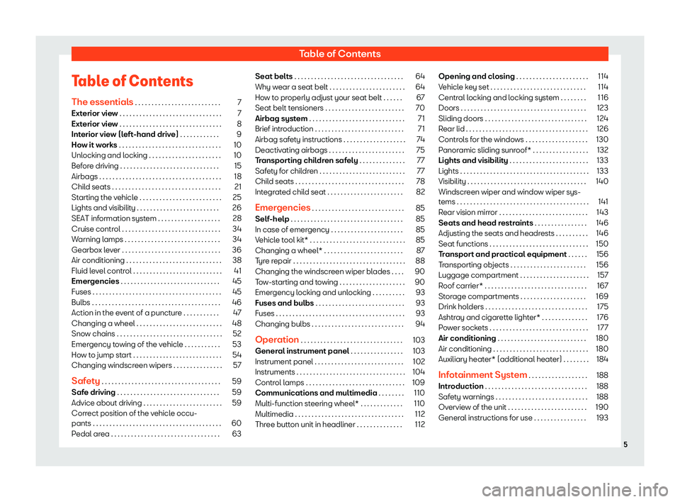 Seat Alhambra 2019  Owners Manual Table of Contents
Table of Contents The essential s
 . . . . . . . . . . . . . . . . . . . . . . . . . .
7
Exterior view . . . . . . . . . . . . . . . . . . . . . . . . . . . . . . . 7
Exterior view .