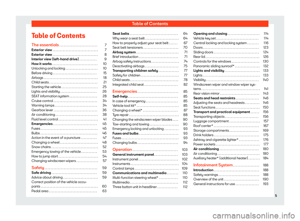 Seat Alhambra 2019 Owners Manual Table of Contents
Table of Contents The essential s
. . . . . . . . . . . . . . . . . . . . . . . . . .
7
Exterior view . . . . . . . . . . . . . . . . . . . . . . . . . . . . . . . 7
Exterior view . Seat Alhambra 2019 Owners Manual Table of Contents
Table of Contents The essential s
. . . . . . . . . . . . . . . . . . . . . . . . . .
7
Exterior view . . . . . . . . . . . . . . . . . . . . . . . . . . . . . . . 7
Exterior view .