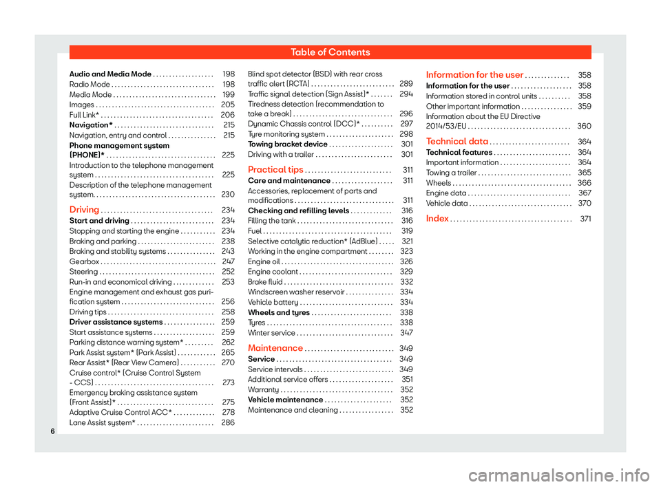 Seat Alhambra 2019  Owners Manual Table of Contents
Audio and Media Mode . . . . . . . . . . . . . . . . . . . 198
Radio Mode . . . . . . . . . . . . . . . . . . . . . . . . . . . . . . . \
. 198
Media Mode . . . . . . . . . . . . . .