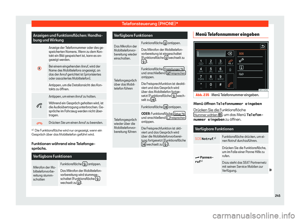 Seat Alhambra 2019  Betriebsanleitung (in German) Telefonsteuerung (PHONE)*
Anzeigen und Funktionsfl