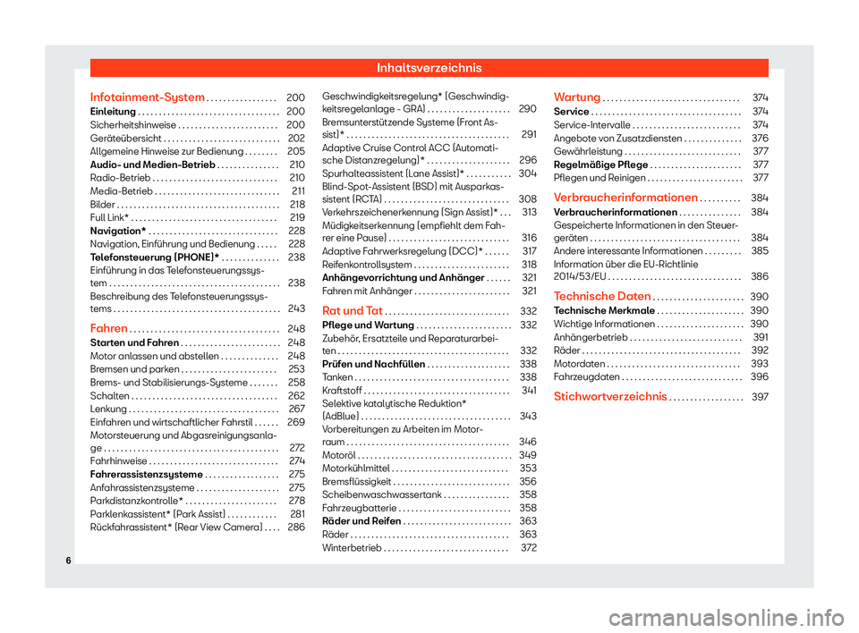 Seat Alhambra 2019  Betriebsanleitung (in German) Inhaltsverzeichnis
Infotainment-System . . . . . . . . . . . . . . . . . 200
Einleitung . . . . . . . . . . . . . . . . . . . . . . . . .  . . . . . . . . .
200
Sicherheitshinw eise . . . . . . . . . 