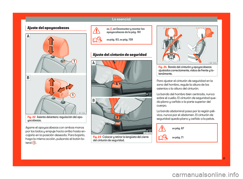 Seat Alhambra 2019  Manual del propietario (in Spanish) Lo esencial
Ajuste del apoyacabezas Fig. 22
Asiento delantero: regulaci