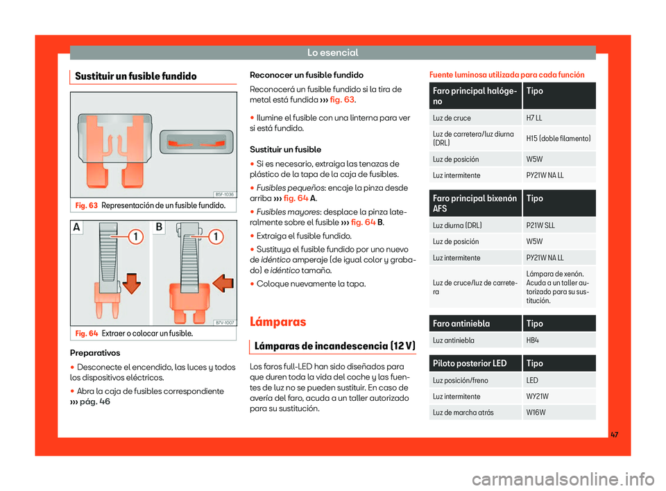 Seat Alhambra 2019  Manual del propietario (in Spanish) Lo esencial
Sustituir un fusible fundido Fig. 63
Representaci