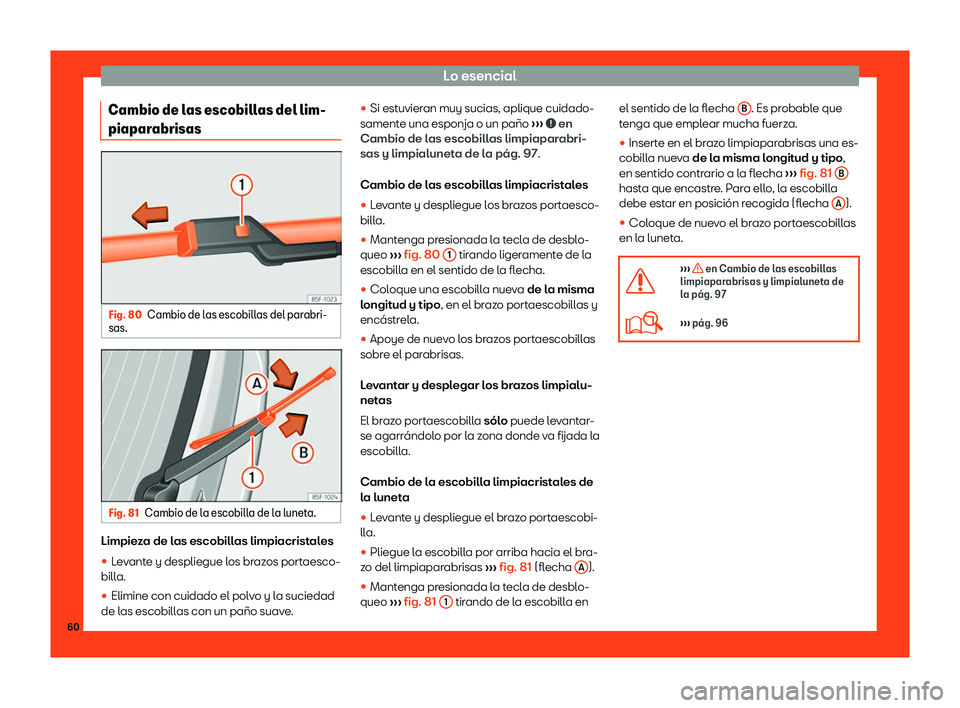 Seat Alhambra 2019  Manual del propietario (in Spanish) Lo esencial
Cambio de las escobillas del lim-
piapar abrisas Fig. 80
Cambio de las escobillas del parabri-
sas. Fig. 81
Cambio de la escobilla de la luneta. Limpieza de las escobillas limpiacristales
