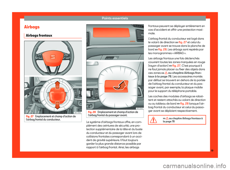 Seat Alhambra 2019  Manuel du propriétaire (in French)  Points essentiels
Airbags Airbags fr ont
aux Fig. 27 
Emplacement et champ d