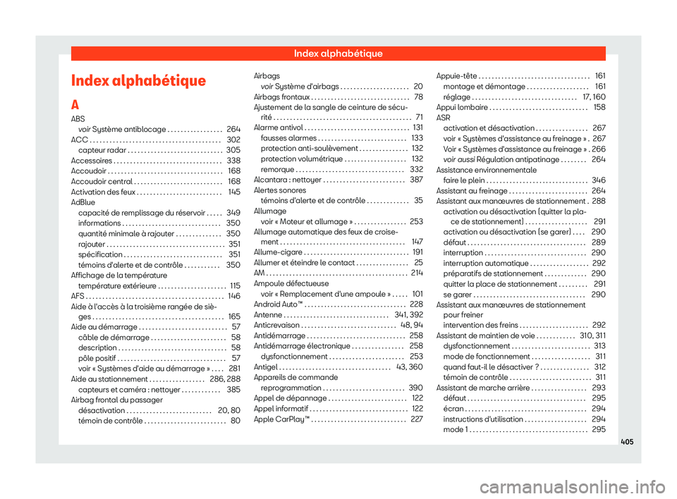 Seat Alhambra 2019 Manuel du propriétaire (in French) Index alphab Seat Alhambra 2019 Manuel du propriétaire (in French) Index alphab