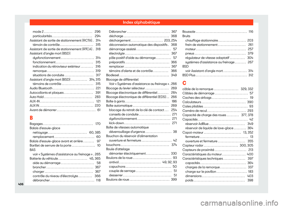 Seat Alhambra 2019 Manuel du propriétaire (in French) Index alphab Seat Alhambra 2019 Manuel du propriétaire (in French) Index alphab