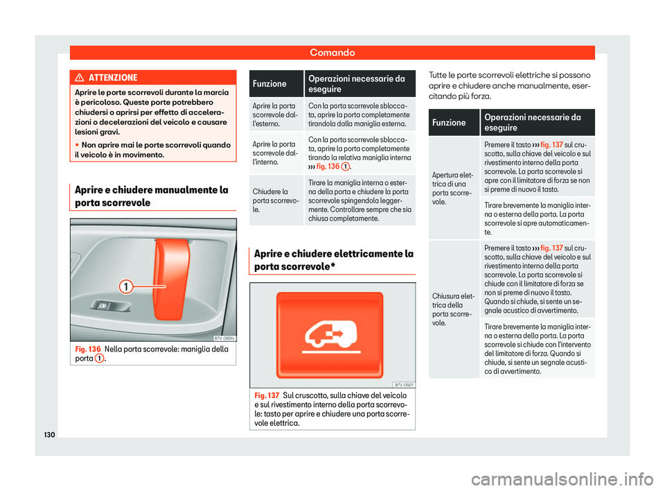 Seat Alhambra 2019  Manuale del proprietario (in Italian) Comando
ATTENZIONE
Aprire le porte scorrevoli durante la marcia
è pericoloso . Quest
e porte potrebbero
chiudersi o aprirsi per effetto di accelera-
zioni o decelerazioni del veicolo e causare
lesion