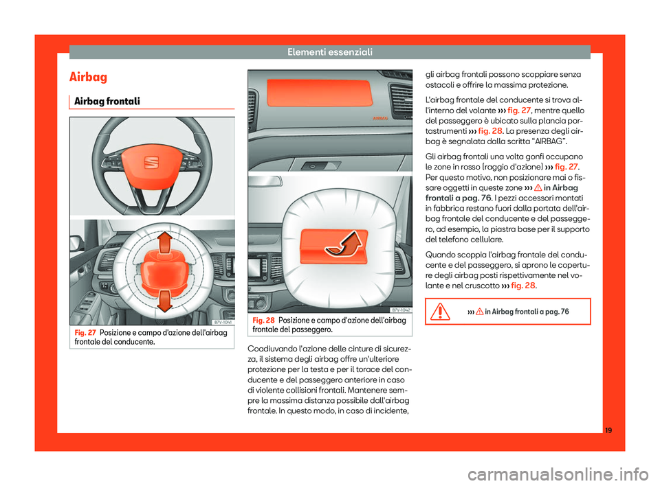 Seat Alhambra 2019  Manuale del proprietario (in Italian) Elementi essenziali
Airbag Airbag fr ont
ali Fig. 27
Posizione e campo d