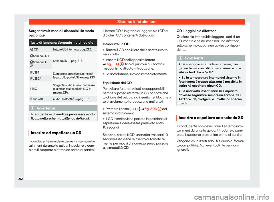 Seat Alhambra 2019  Manuale del proprietario (in Italian) Sistema infotainment
Sorgenti multimediali disponibili in modo
op zional
e Tasto di funzione: Sorgente multimediale
�I CD Lettore CD interno  