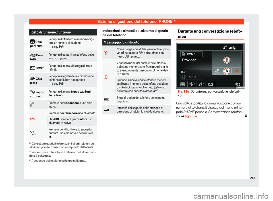 Seat Alhambra 2019  Manuale del proprietario (in Italian) Sistema di gestione del telefono (PHONE)*
Tasto di funzione: funzione
�  Com-
poni num. Per aprire la tastiera numerica e digi-
tar
e un numer
o di telefono
