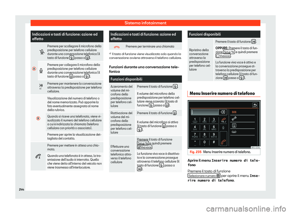 Seat Alhambra 2019  Manuale del proprietario (in Italian) Sistema infotainment
Indicazioni e tasti di funzione: azione ed
effett
o
A �a
Premere per scollegare il microfono della
predisposizione per t
el
efono cellulare
durante una conversazione telefonica (i