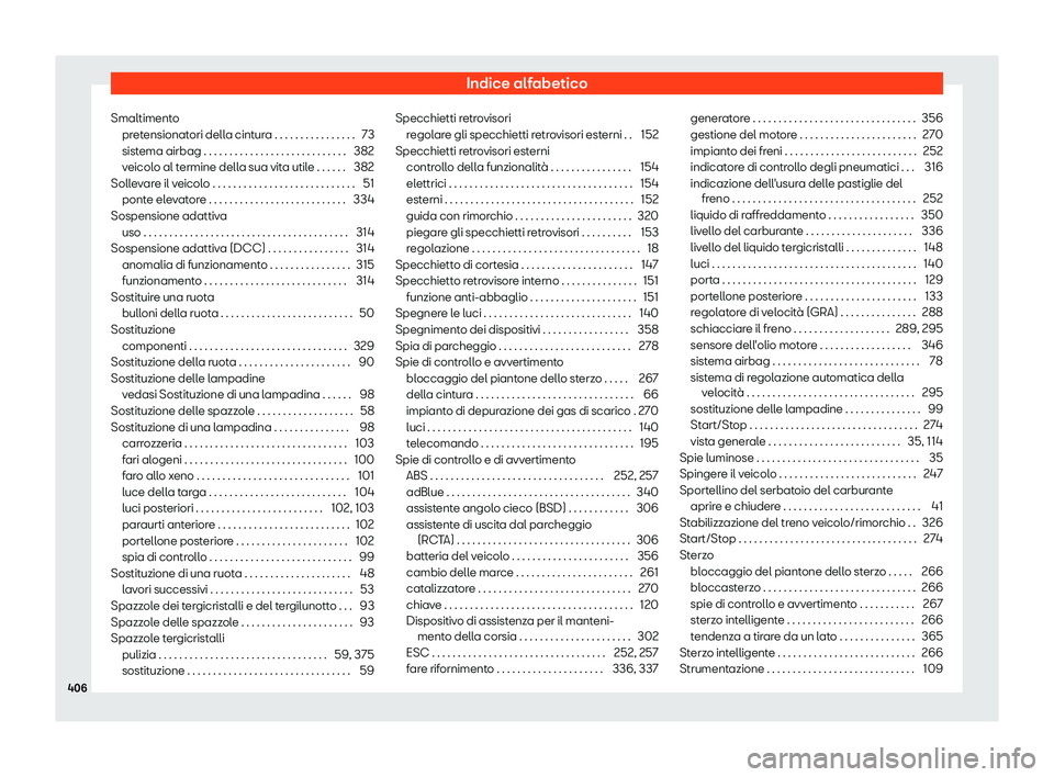 Seat Alhambra 2019 Manuale del proprietario (in Italian) Indice alfabetico
Smaltimento pret
ensionat
ori della cintura . . . . . . . . . . . . . . . . 73
sistema airbag . . . . . . . . . . . . . . . . . . . . . . . . . . . . 382
veicolo al termine della sua Seat Alhambra 2019 Manuale del proprietario (in Italian) Indice alfabetico
Smaltimento pret
ensionat
ori della cintura . . . . . . . . . . . . . . . . 73
sistema airbag . . . . . . . . . . . . . . . . . . . . . . . . . . . . 382
veicolo al termine della sua