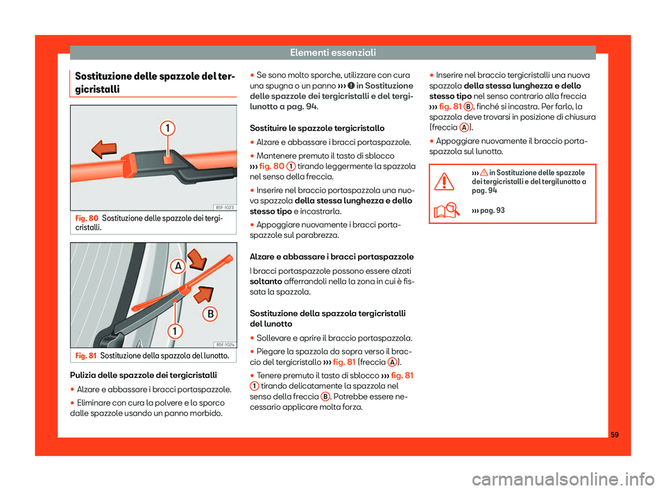 Seat Alhambra 2019  Manuale del proprietario (in Italian) Elementi essenziali
Sostituzione delle spazzole del ter-
gicrist alli Fig. 80
Sostituzione delle spazzole dei tergi-
crist alli. Fig. 81
Sostituzione della spazzola del lunotto. Pulizia delle spazzole