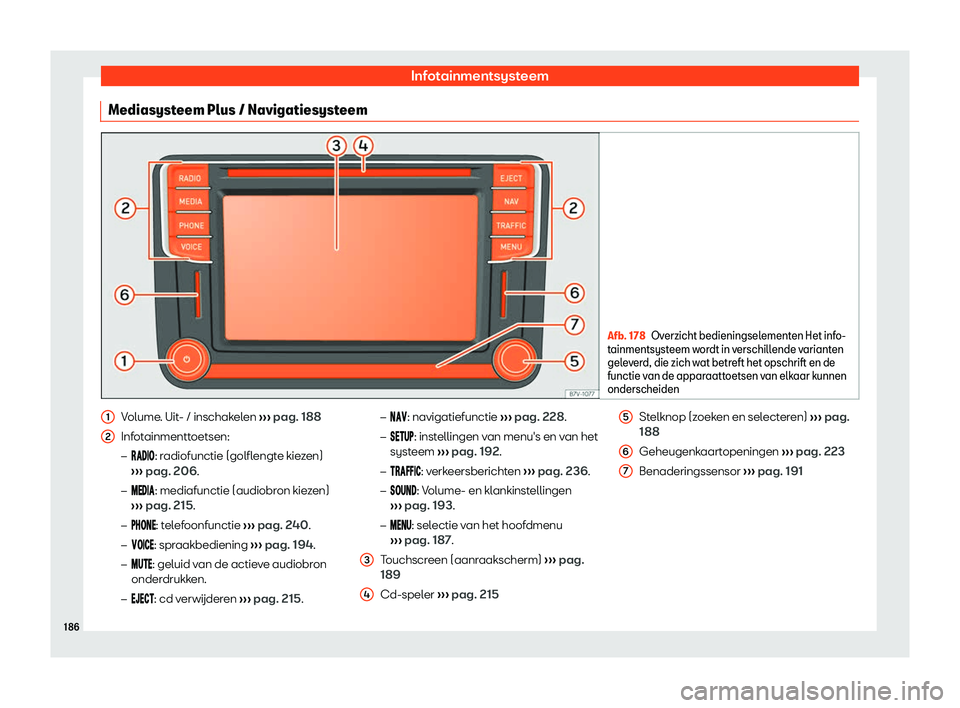 Seat Alhambra 2019  Handleiding (in Dutch) Infotainmentsysteem
Mediasysteem Plus / Navigatiesysteem Afb. 178
Overzicht bedieningselementen Het info-
tainmentsyst eem w
ordt in verschillende varianten
geleverd, die zich wat betreft het opschrif