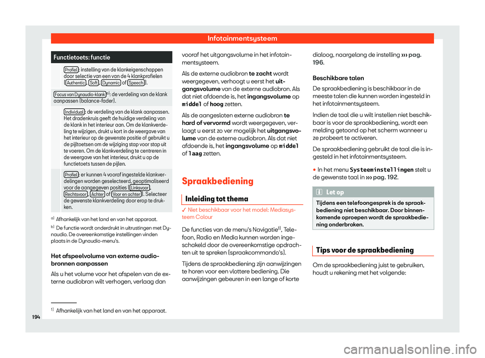 Seat Alhambra 2019  Handleiding (in Dutch) Infotainmentsysteem
Functietoets: functie
  Profiel : instelling van de klankeigenschappen
door selectie v an een v
an de 4 klankprofielen
( Authentic , 
Soft , 
Dynamic  of 
Speech ).
Focus van Dynau