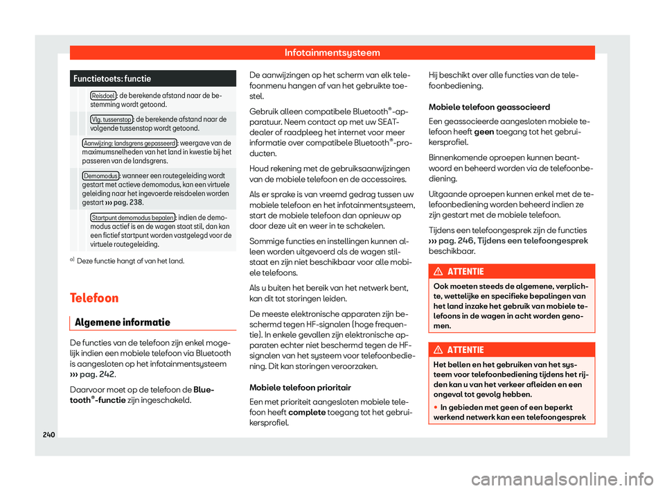 Seat Alhambra 2019  Handleiding (in Dutch) Infotainmentsysteem
Functietoets: functie
    Reisdoel : de berekende afstand naar de be-
stemming w or
dt getoond.
    Vlg. tussenstop : de berekende afstand naar de
volgende t

ussenstop wordt getoo
