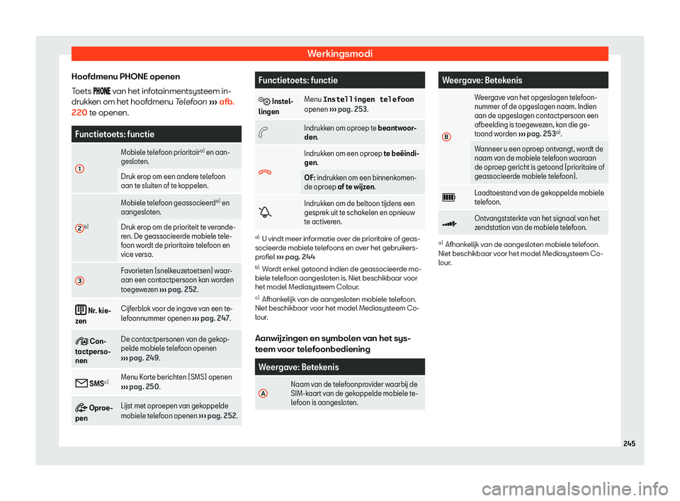 Seat Alhambra 2019  Handleiding (in Dutch) Werkingsmodi
Hoofdmenu PHONE openen
T oets 
����
� van het infotainmentsysteem in-
drukken om het hoofdmenu Telefoon  