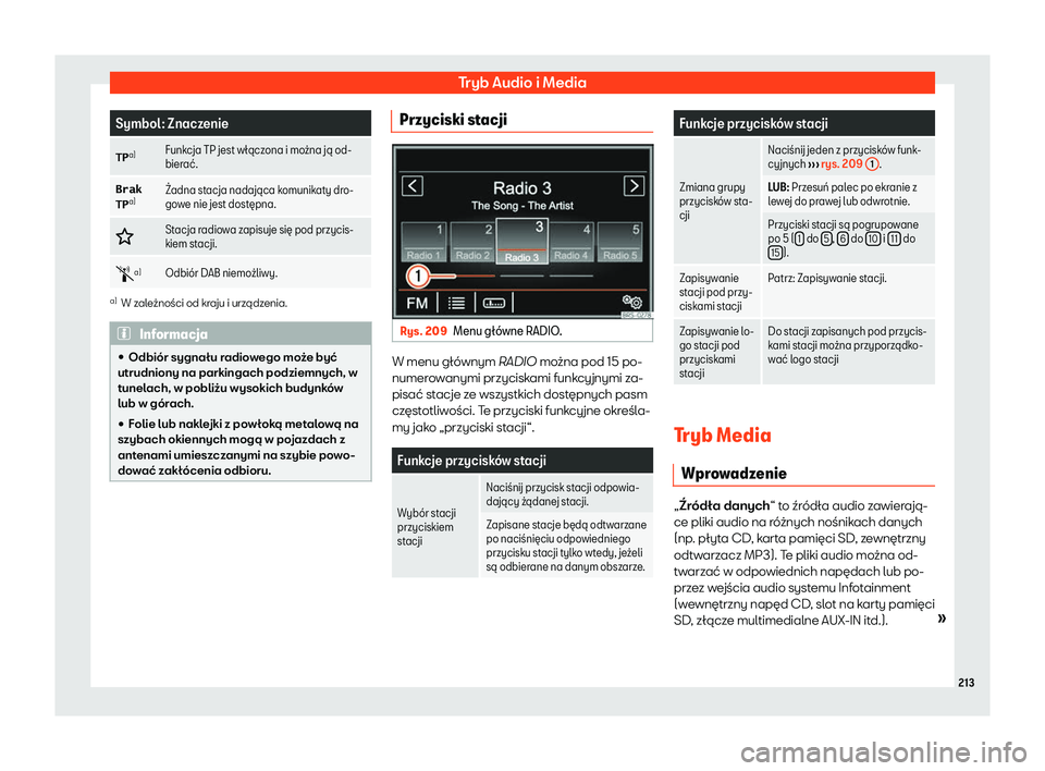 Seat Alhambra 2019  Instrukcja Obsługi (in Polish) Tryb Audio i Media
Symbol: Znaczenie
�T�P a)
Funkcja TP jest w