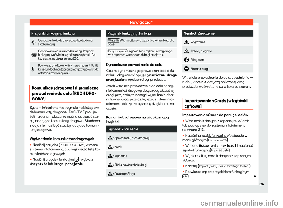 Seat Alhambra 2019  Instrukcja Obsługi (in Polish) Nawigacja*
Przycisk funkcyjny: funkcja
�m Centrowanie dok