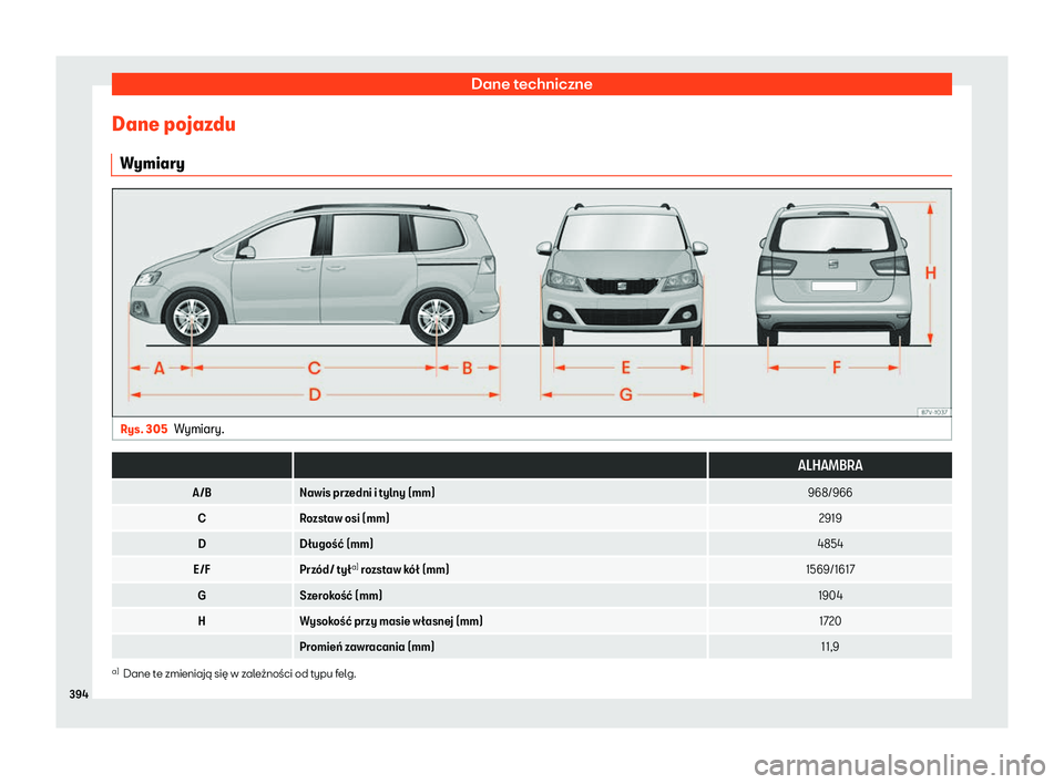 Seat Alhambra 2019  Instrukcja Obsługi (in Polish) Dane techniczne
Dane pojazdu W ymiary Rys. 305
Wymiary.  
  ALHAMBRA
A/B Nawis przedni i tylny (mm) 968/966
C Rozstaw osi (mm) 2919
D D