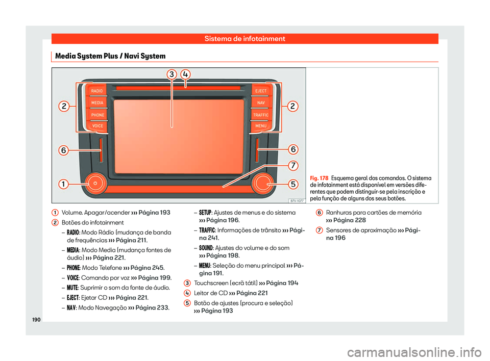 Seat Alhambra 2019  Manual do proprietário (in Portuguese)  Sistema de infotainment
Media System Plus / Navi System Fig. 178
Esquema geral dos comandos. O sistema
de infot ainment est
