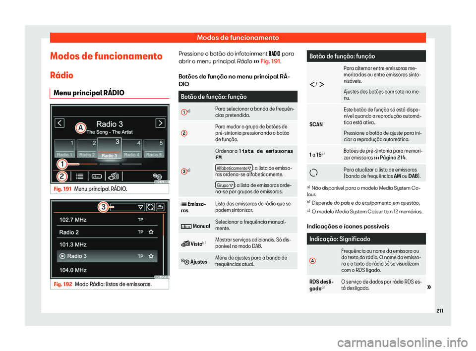 Seat Alhambra 2019 Manual do proprietário (in Portuguese) Modos de funcionamento
Modos de funcionamento R Seat Alhambra 2019 Manual do proprietário (in Portuguese) Modos de funcionamento
Modos de funcionamento R