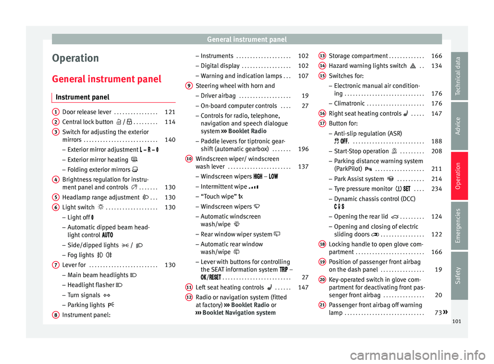 Seat Alhambra 2018  Owners Manual General instrument panel
Operation
Gener a
l
 instrument panel
Instrument panel Door release lever
 . . . . . . . . . . . . . . . . 121
Central lock button    /  . . . . . . . . . 114
Switch for