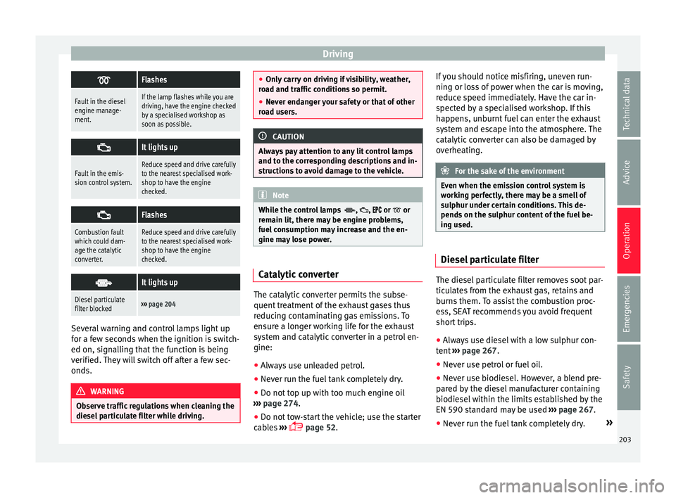 Seat Alhambra 2018 Owners Manual Driving
Flashes
Fault in the diesel
engine manage-
ment.If the lamp flashes while you are
driving, have the engine checked
by a specialised workshop as
soon as possible.
It lights up
Fault in t Seat Alhambra 2018 Owners Manual Driving
Flashes
Fault in the diesel
engine manage-
ment.If the lamp flashes while you are
driving, have the engine checked
by a specialised workshop as
soon as possible.
It lights up
Fault in t