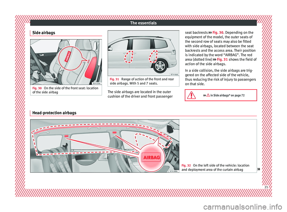 Seat Alhambra 2018 Owners Guide The essentials
Side airbags Fig. 30
On the side of the front seat: location
of the s
ide airb
ag Fig. 31
Range of action of the front and rear
side airb ag
s. With 5 and 7 seats. The side airbags Seat Alhambra 2018 Owners Guide The essentials
Side airbags Fig. 30
On the side of the front seat: location
of the s
ide airb
ag Fig. 31
Range of action of the front and rear
side airb ag
s. With 5 and 7 seats. The side airbags