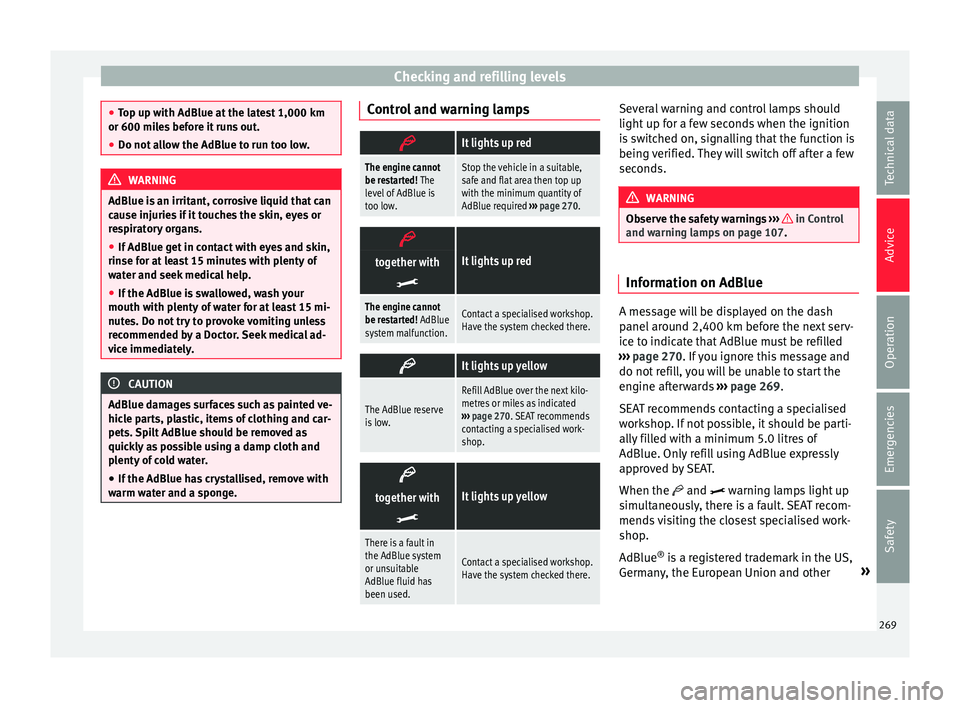 Seat Alhambra 2018 Owners Manual Checking and refilling levels
●
Top up w ith AdBlue at
the latest 1,000 km
or 600 miles before it runs out.
● Do not allow the AdBlue to run too low. WARNING
AdBlue is an irritant, corrosive liqu Seat Alhambra 2018 Owners Manual Checking and refilling levels
●
Top up w ith AdBlue at
the latest 1,000 km
or 600 miles before it runs out.
● Do not allow the AdBlue to run too low. WARNING
AdBlue is an irritant, corrosive liqu