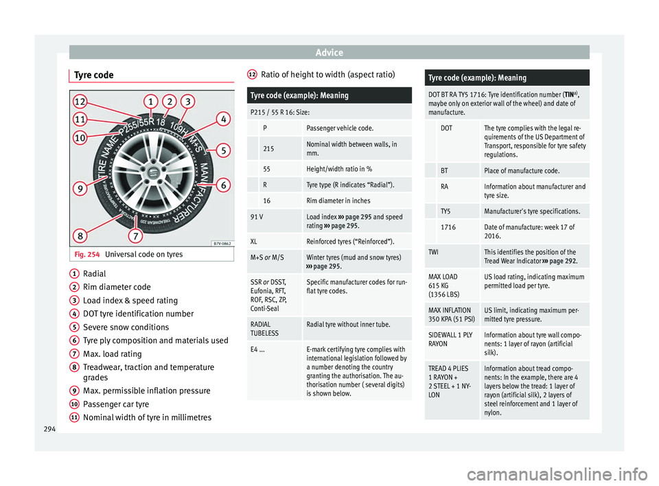 Seat Alhambra 2018  Owners Manual Advice
Tyre code Fig. 254 
Universal code on tyres Radial
Rim di
amet
er c
ode
Load index & speed rating
DOT tyre identification number
Severe snow conditions
Tyre ply composition and materials used
M