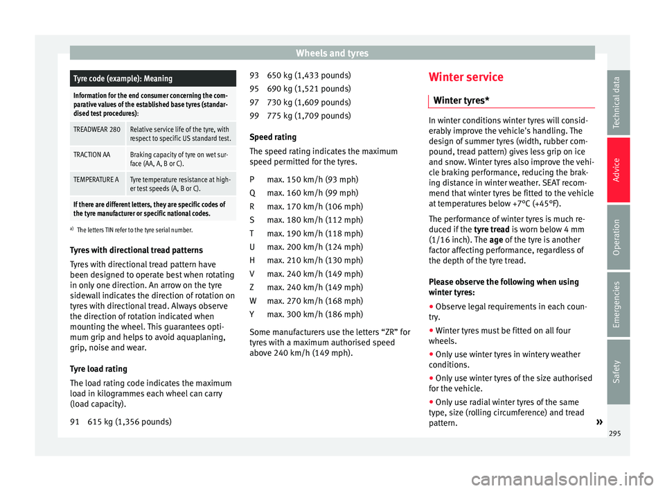 Seat Alhambra 2018 Owners Manual Wheels and tyresTyre code (example): Meaning
Information for the end consumer concerning the com-
parative values of the established base tyres (standar-
dised test procedures)
:
TREADWEAR 280Relative Seat Alhambra 2018 Owners Manual Wheels and tyresTyre code (example): Meaning
Information for the end consumer concerning the com-
parative values of the established base tyres (standar-
dised test procedures)
:
TREADWEAR 280Relative