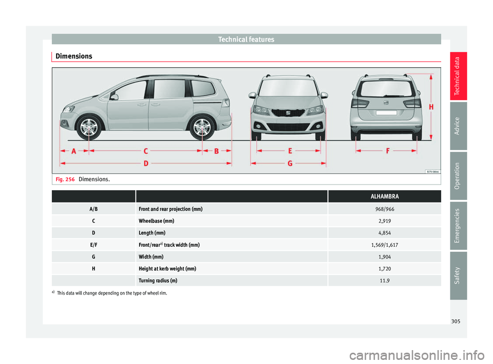 Seat Alhambra 2018 Owners Manual Technical features
Dimensions Fig. 256
Dimensions. ALHAMBRA
A/BFront and rear projection (mm)968/966
CWheelbase (mm)2,919
DLength (mm)4,854
E/FFront/rear a)
track width (mm)1,569/1,617
GWidth (mm)1 Seat Alhambra 2018 Owners Manual Technical features
Dimensions Fig. 256
Dimensions. ALHAMBRA
A/BFront and rear projection (mm)968/966
CWheelbase (mm)2,919
DLength (mm)4,854
E/FFront/rear a)
track width (mm)1,569/1,617
GWidth (mm)1
