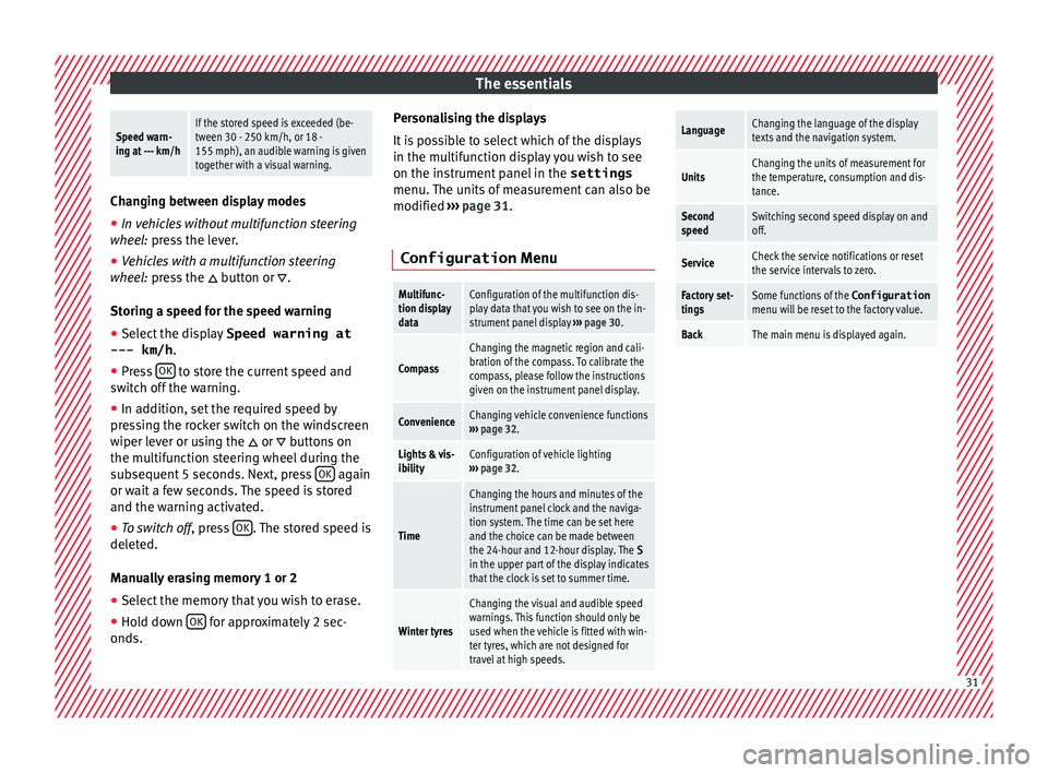 Seat Alhambra 2018 Owners Guide The essentialsSpeed warn-
ing at --- km/hIf the stored speed is exceeded (be-
tween 30 - 250 km/h, or 18 -
155 mph), an audible warning is given
together with a visual warning.
Changing between displa