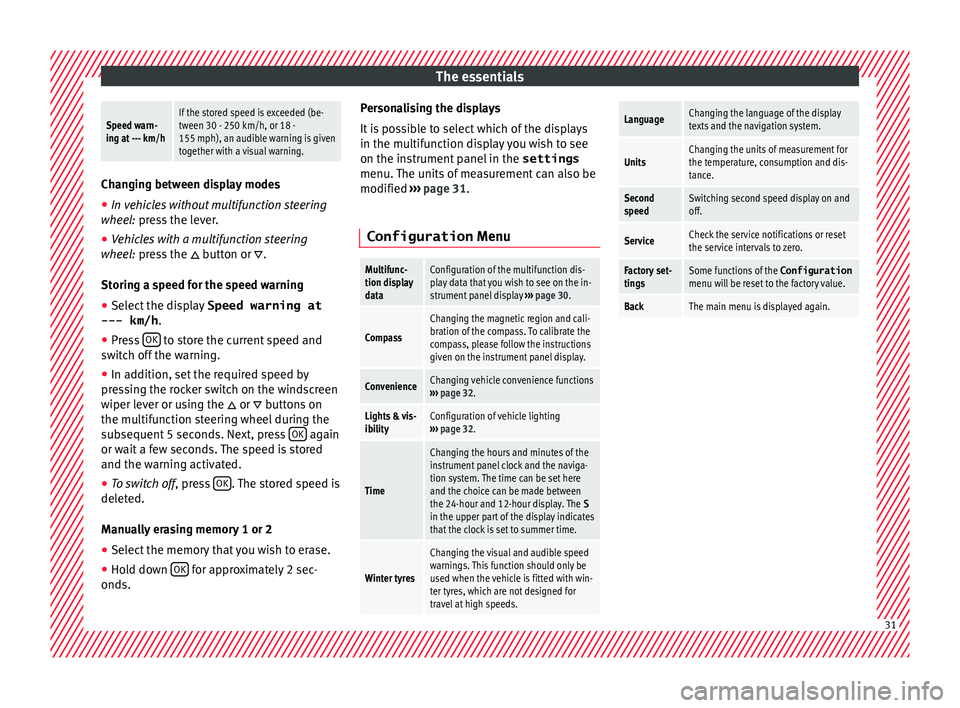 Seat Alhambra 2018  Owners Manual The essentialsSpeed warn-
ing at --- km/hIf the stored speed is exceeded (be-
tween 30 - 250 km/h, or 18 -
155 mph), an audible warning is given
together with a visual warning.
Changing between displa