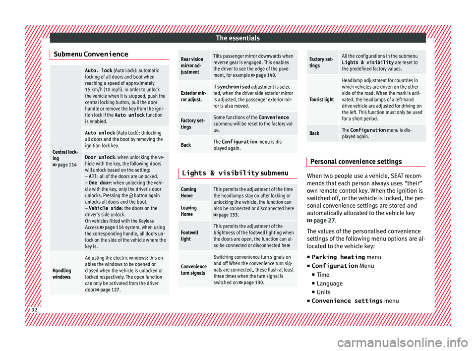 Seat Alhambra 2018 Owners Manual The essentials
Submenu ConvenienceCentral lock-
ing
››› page 114
Auto. lock (Auto Lock): automatic
locking of all doors and boot when
reaching a speed of approximately
15 km/h (10 mph). In ord Seat Alhambra 2018 Owners Manual The essentials
Submenu ConvenienceCentral lock-
ing
››› page 114
Auto. lock (Auto Lock): automatic
locking of all doors and boot when
reaching a speed of approximately
15 km/h (10 mph). In ord