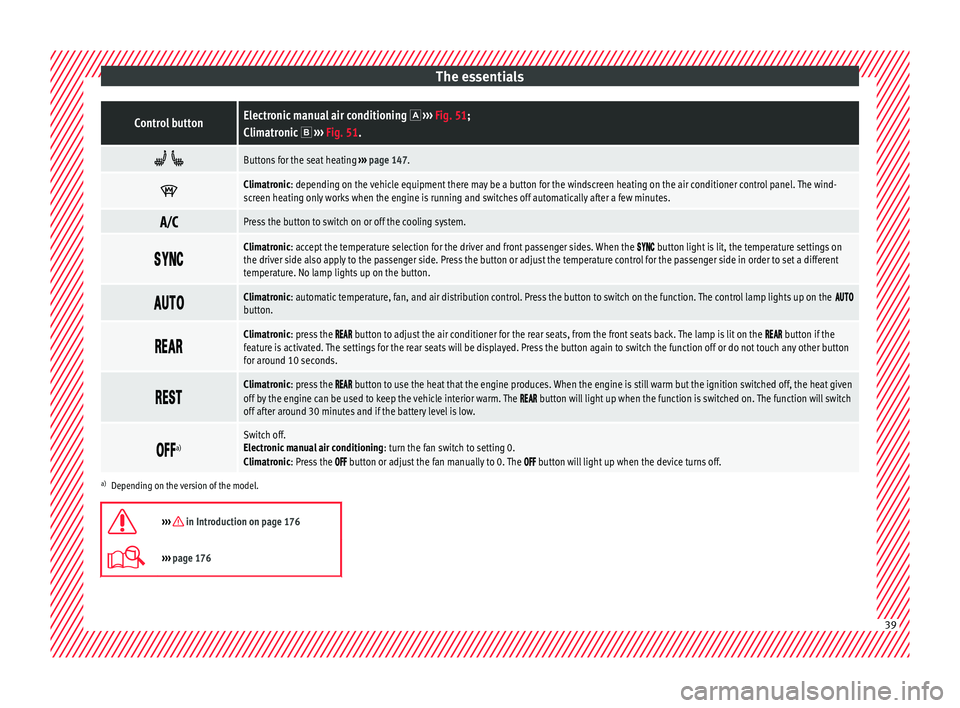 Seat Alhambra 2018  Owners Manual The essentialsControl buttonElectronic manual air conditioning  
›››  Fig. 51;
Climatronic   ›››  Fig. 51.  
Buttons for the seat heating 
››› page 147. 
Climatronic: 