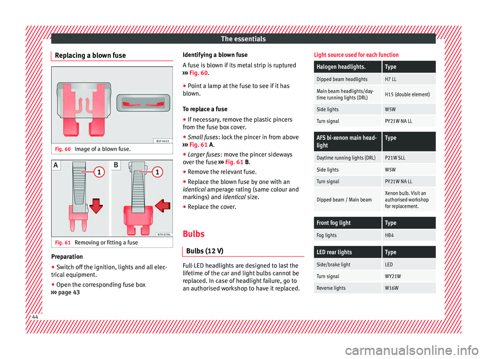 Seat Alhambra 2018 Service Manual The essentials
Replacing a blown fuse Fig. 60
Image of a blown fuse. Fig. 61
Removing or fitting a fuse Preparation
● Switch off the ignition, lights and all elec-
tric al
equipment
.
● Open th Seat Alhambra 2018 Service Manual The essentials
Replacing a blown fuse Fig. 60
Image of a blown fuse. Fig. 61
Removing or fitting a fuse Preparation
● Switch off the ignition, lights and all elec-
tric al
equipment
.
● Open th
