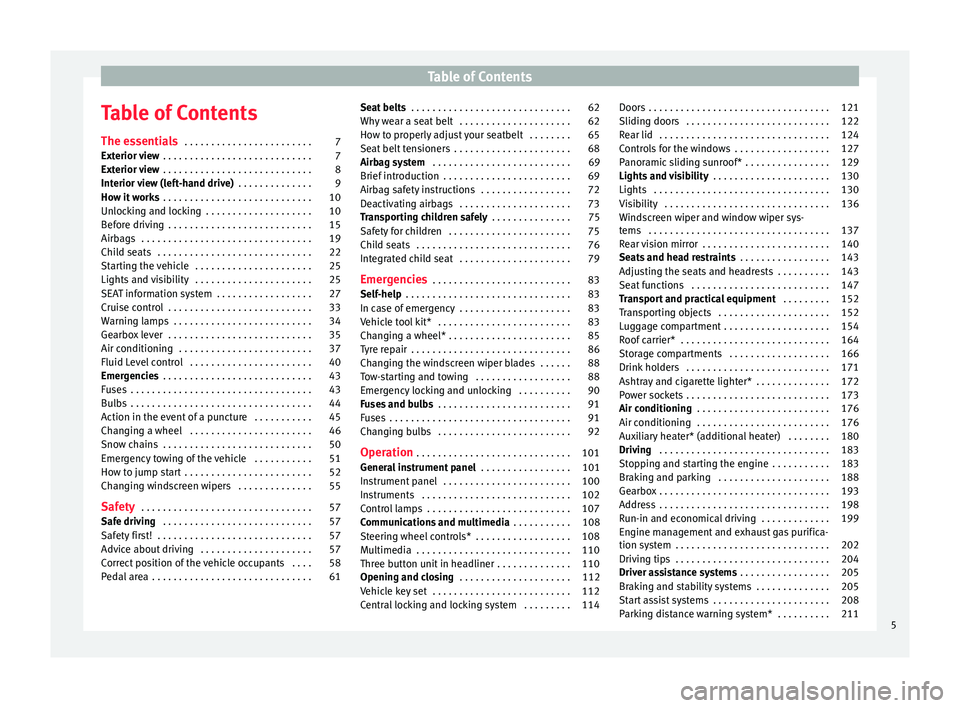 Seat Alhambra 2018  Owners Manual Table of Contents
Table of Contents
The e s
senti
als . . . . . . . . . . . . . . . . . . . . . . . . 7
Exterior view  . . . . . . . . . . . . . . . . . . . . . . . . . . . . 7
Exterior view  . . . . 