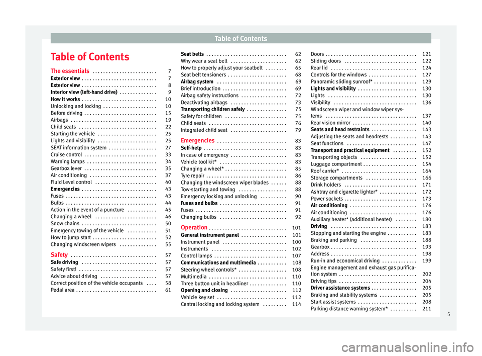 Seat Alhambra 2018 Owners Manual Table of Contents
Table of Contents
The e s
senti
als . . . . . . . . . . . . . . . . . . . . . . . . 7
Exterior view . . . . . . . . . . . . . . . . . . . . . . . . . . . . 7
Exterior view . . . . Seat Alhambra 2018 Owners Manual Table of Contents
Table of Contents
The e s
senti
als . . . . . . . . . . . . . . . . . . . . . . . . 7
Exterior view . . . . . . . . . . . . . . . . . . . . . . . . . . . . 7
Exterior view . . . .