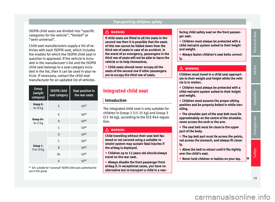Seat Alhambra 2018 Manual Online Transporting children safely
ISOFIX child seats are divided into “specific
c at
e
gories for the vehicle”, “limited” or
“semi-universal”.
Child seat manufacturers supply a list of ve-
hicl Seat Alhambra 2018 Manual Online Transporting children safely
ISOFIX child seats are divided into “specific
c at
e
gories for the vehicle”, “limited” or
“semi-universal”.
Child seat manufacturers supply a list of ve-
hicl