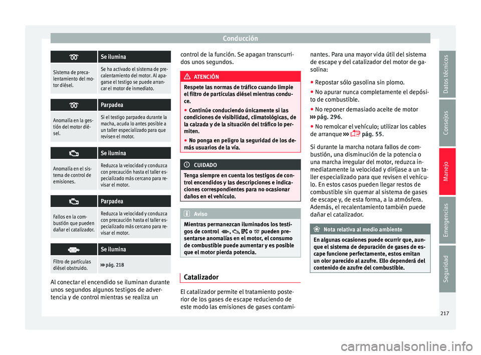 Seat Alhambra 2018 Manual del propietario (in Spanish) Conducción
Se ilumina
Sistema de preca-
lentamiento del mo-
tor diésel.Se ha activado el sistema de pre-
calentamiento del motor. Al apa-
garse el testigo se puede arran-
car el motor de inmediat Seat Alhambra 2018 Manual del propietario (in Spanish) Conducción
Se ilumina
Sistema de preca-
lentamiento del mo-
tor diésel.Se ha activado el sistema de pre-
calentamiento del motor. Al apa-
garse el testigo se puede arran-
car el motor de inmediat