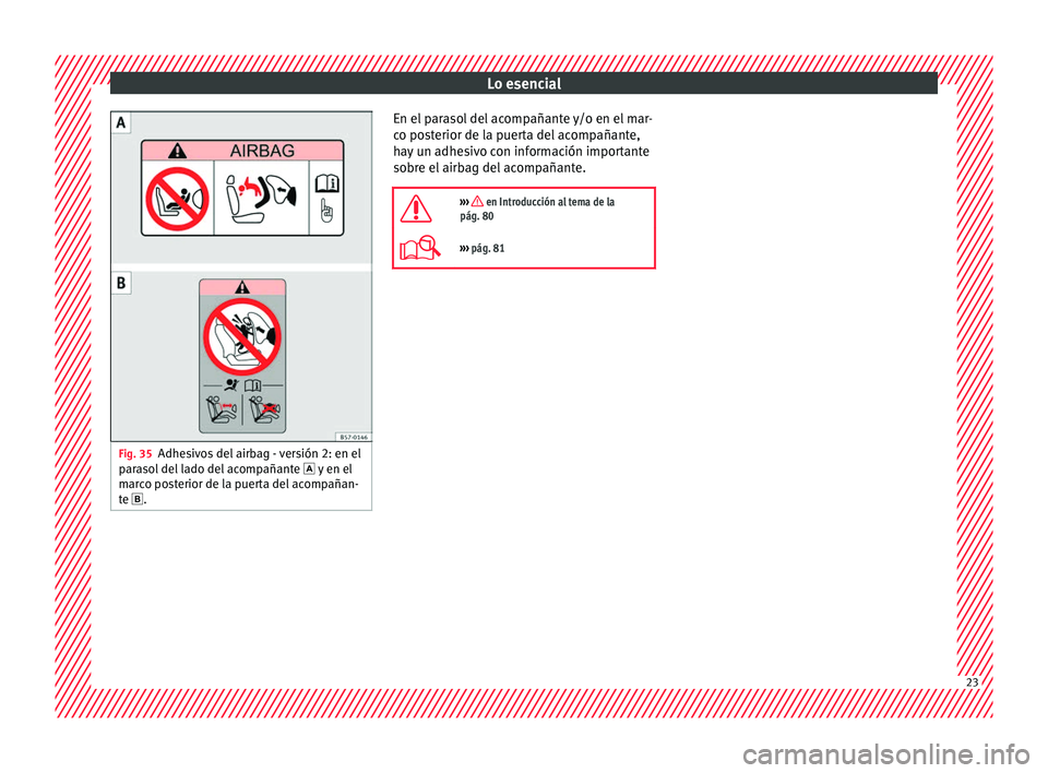 Seat Alhambra 2018  Manual del propietario (in Spanish) Lo esencial
Fig. 35
Adhesivos del airbag - versión 2: en el
p ar
a
sol del lado del acompañante   y en el
marco posterior de la puerta del acompañan-
te . En el parasol del acompañante y/o e