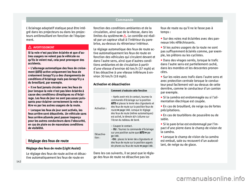 Seat Alhambra 2018  Manuel du propriétaire (in French)  Commande
L'éclairage adaptatif statique peut être inté-
gré d an
s
 les projecteurs ou dans les projec-
teurs antibrouillard en fonction de l'équipe-
ment. AVERTISSEMENT
Si la voie n'