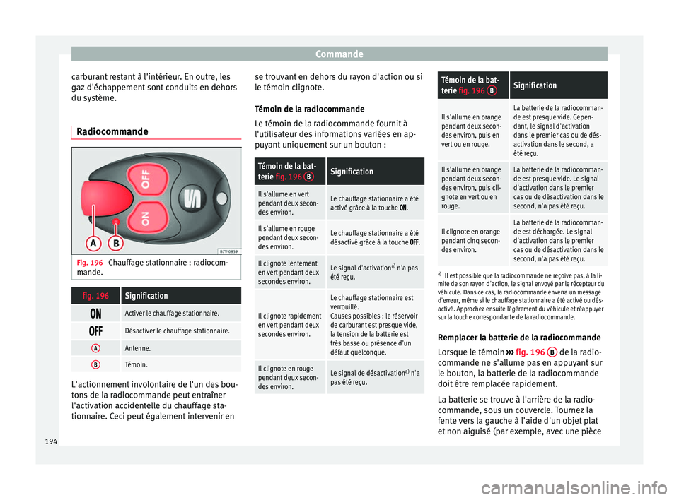 Seat Alhambra 2018  Manuel du propriétaire (in French)  Commande
carburant restant à l'intérieur. En outre, les
g az
 d'éc
happement sont conduits en dehors
du système.
Radiocommande Fig. 196 
Chauffage stationnaire : radiocom-
m ande.
fig. 196