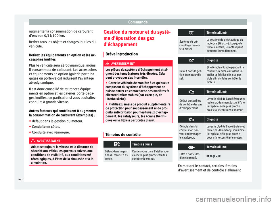 Seat Alhambra 2018  Manuel du propriétaire (in French)  Commande
augmenter la consommation de carburant
d'en v
ir
on 0,3 l/100 km.
Retirez tous les objets et charges inutiles du
véhicule.
Retirez les équipements en option et les ac-
cessoires inutile