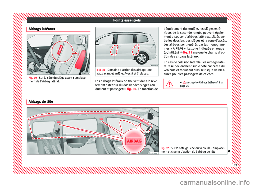 Seat Alhambra 2018 Manuel du propriétaire (in French) Points essentiels
Airbags latéraux Fig. 30
Sur le côté du siège avant : emplace-
ment de l'airb
ag l
atéral. Fig. 31
Domaine d'action des airbags laté-
raux av
ant et arrière. Avec Seat Alhambra 2018 Manuel du propriétaire (in French) Points essentiels
Airbags latéraux Fig. 30
Sur le côté du siège avant : emplace-
ment de l'airb
ag l
atéral. Fig. 31
Domaine d'action des airbags laté-
raux av
ant et arrière. Avec