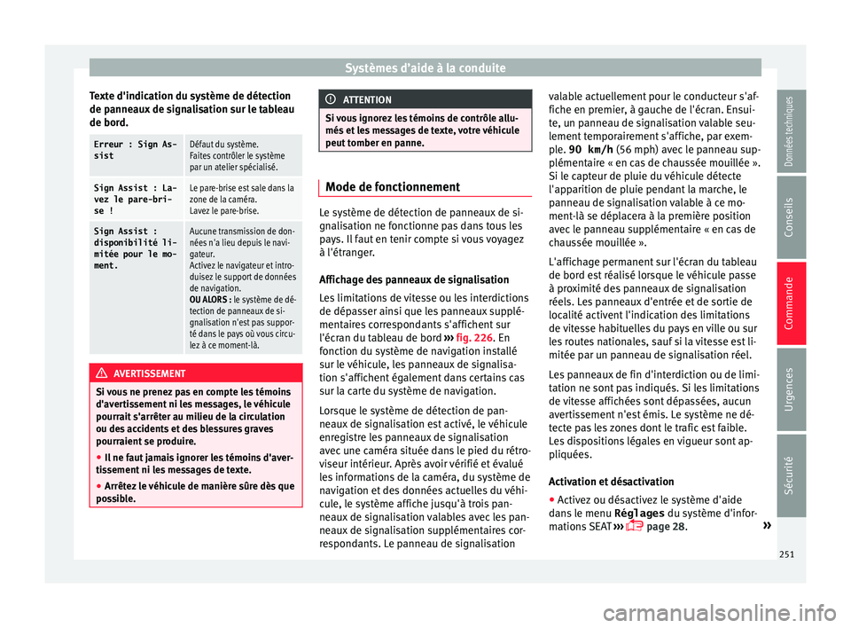 Seat Alhambra 2018 Manuel du propriétaire (in French) Systèmes d’aide à la conduite
Texte d'indication du système de détection
de p anne
aux
de signalisation sur le tableau
de bord.
Erreur : Sign As-
sistDéfaut du système.
Faites contrôler Seat Alhambra 2018 Manuel du propriétaire (in French) Systèmes d’aide à la conduite
Texte d'indication du système de détection
de p anne
aux
de signalisation sur le tableau
de bord.
Erreur : Sign As-
sistDéfaut du système.
Faites contrôler